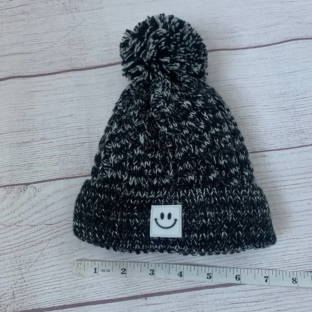 Kids Black and White Stocking Hat with Pom Folded Cuff Fleece Interior Small